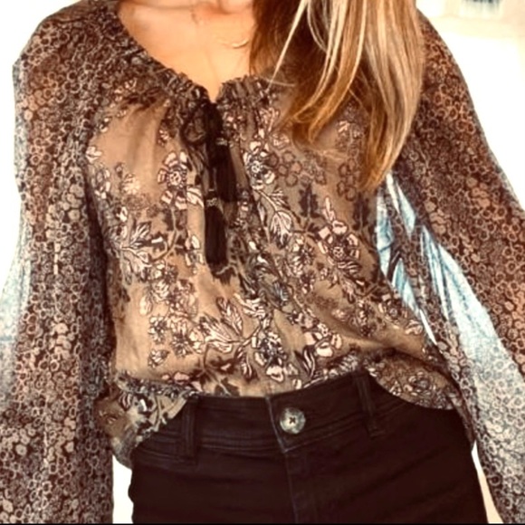 FREE PEOPLE Boho Sheer Chiffon Floral Blouse Brown/Black - Picture 1 of 8